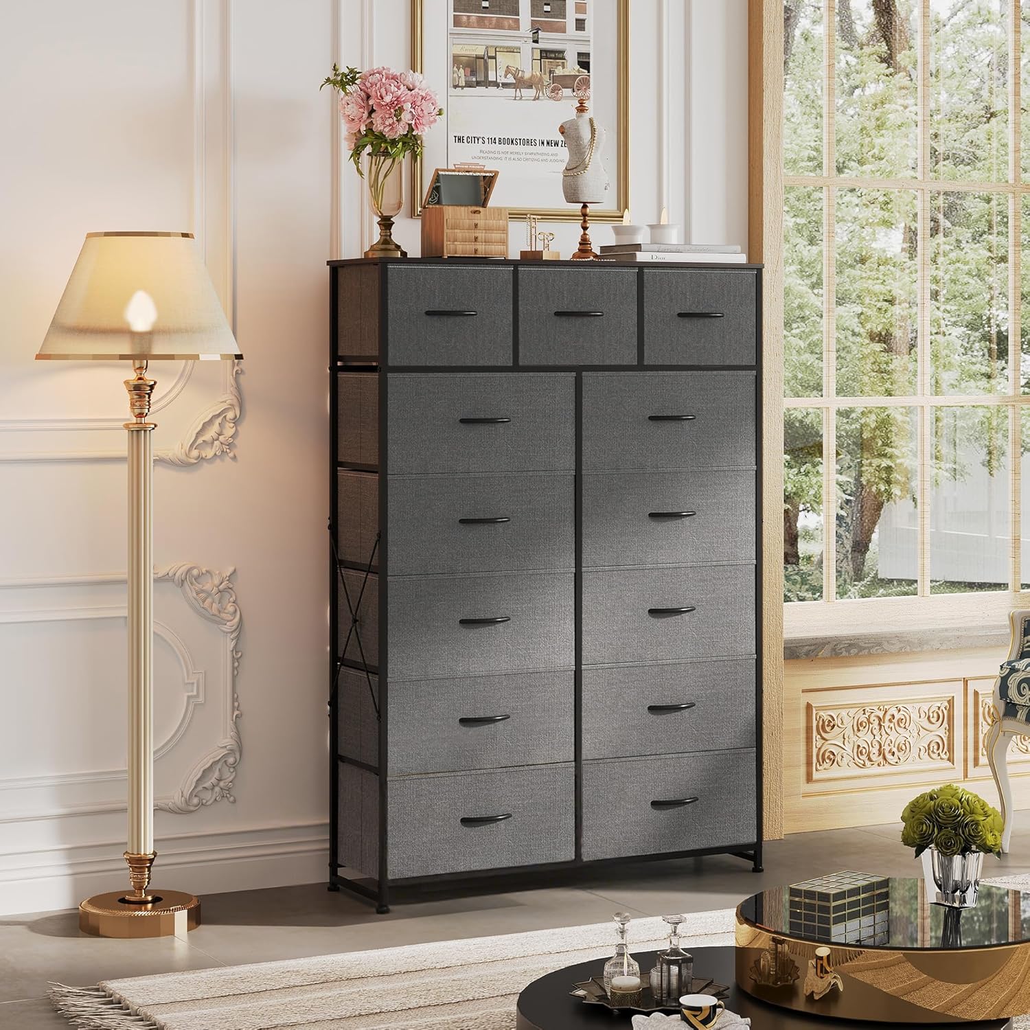 WLIVE Storage Organizer Unit with 13 Fabric Bins, Storage Drawers Organizer with Steel Frame, Tall Storage Tower Organizaton for Living Room, Hallway, Office, Charcoal Black