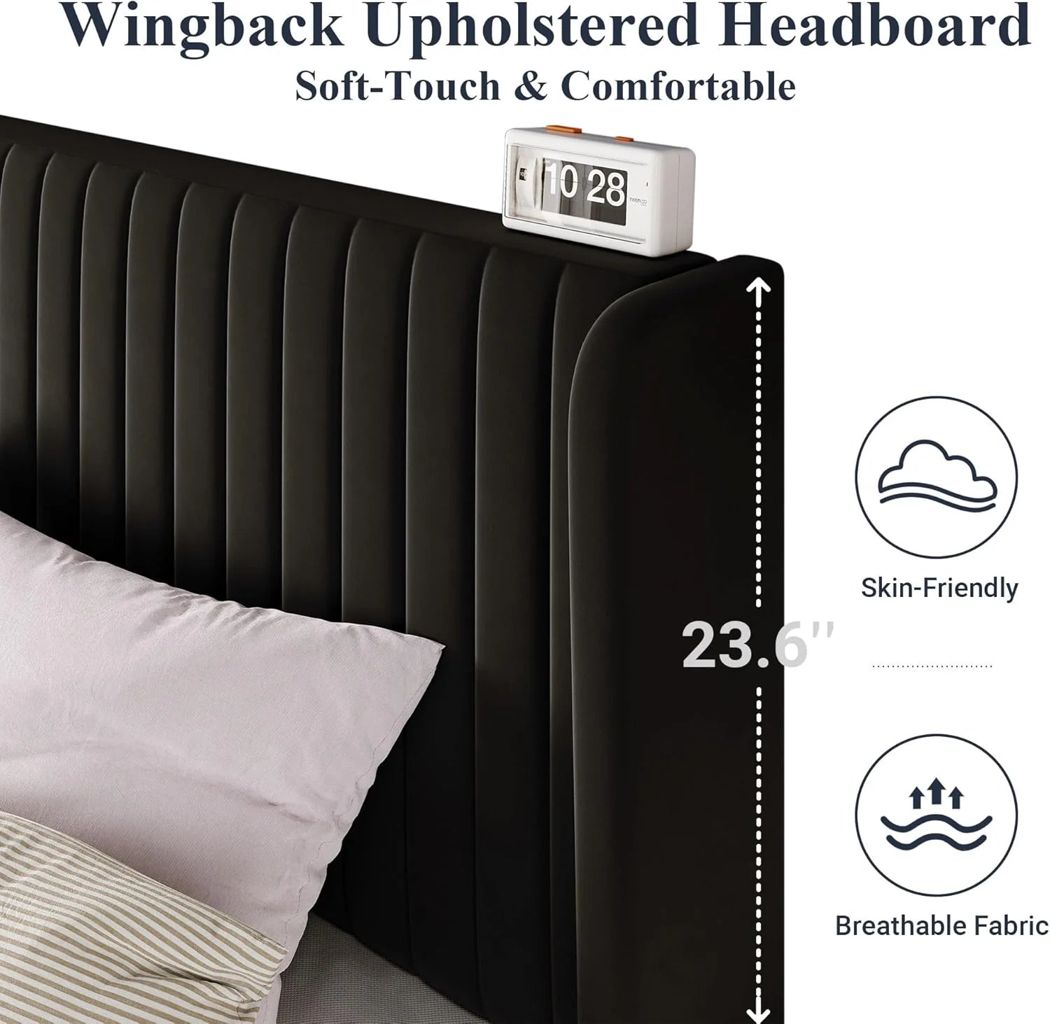 Allewie Full Size Velvet Bed Frame Vertical Channel Tufted Wingback Headboard Upholstered Bed